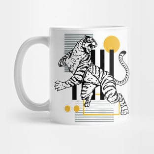 Retro 80s Black & Gold Tiger on the Attack // Vintage Geometric Shapes Background Mug